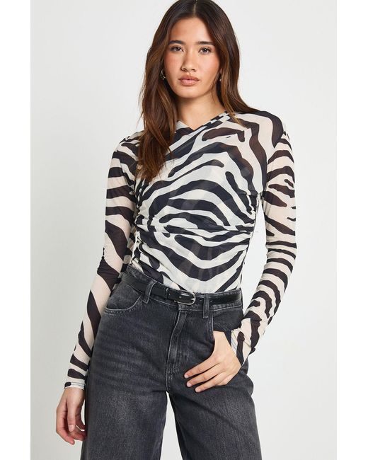 Boohoo Multicolor Zebra Mesh Flare Sleeve Cross Over Bodysuit
