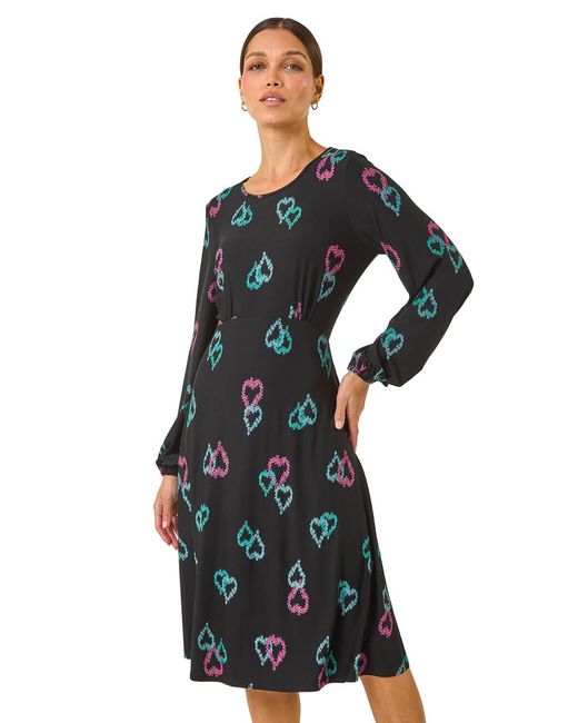 Roman Blue Heart Print Tea Stretch Midi Dress