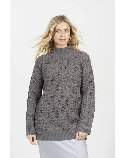 Brave Soul Gray High Neck Cable Knit Tunic Jumper