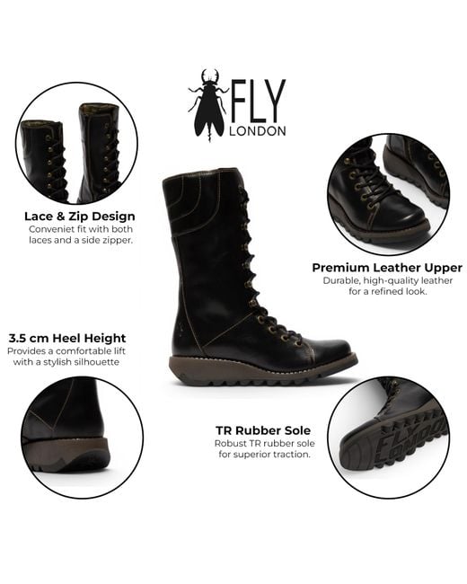 Fly London Black Leather Lace-Up Combat Ankle Boots- Ster768