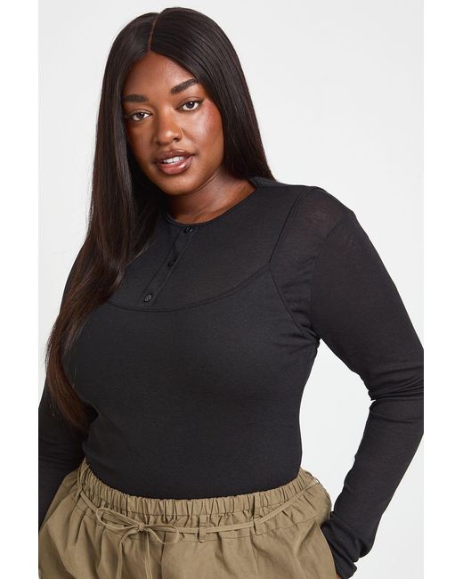 Boohoo Black Plus Strappy Double Layer Button Down Top