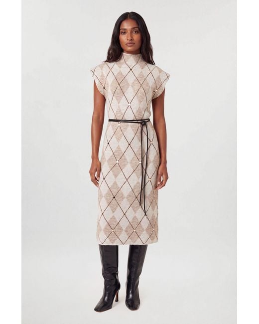 Karen Millen Natural Studded Argyle Wool Blend Cosy Knit Belted Midi Dress