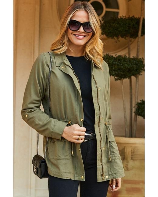 Sosandar Green Khaki Drawstring Waist Cargo Jacket Cotton