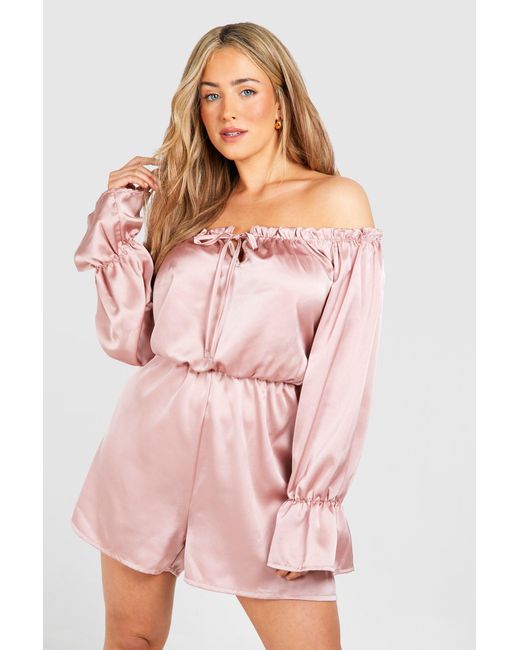 Boohoo Pink Plus Satin Bardot Frill Detail Playsuit