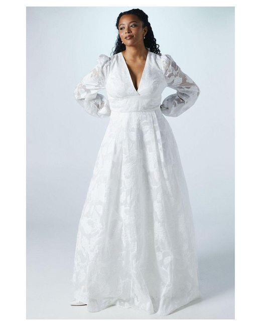 Coast Blue Plunge Neck Organza Jacquard Blouson Sleeve Wedding Dress