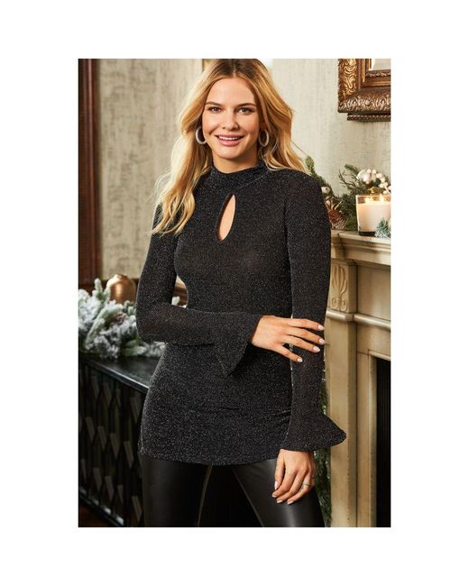 Sosandar Black Pewter Metallic Keyhole Detail Fluted Cuff Top