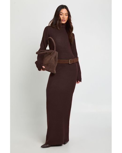 Boohoo Brown Tall Roll Neck Super Soft Knitted Maxi Dress
