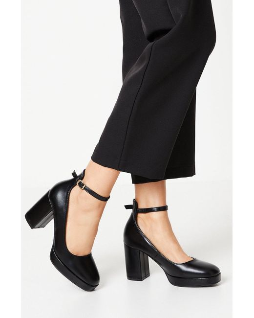 Oasis Black Vanessa Platform Ankle Strap High Block Heel Court Shoes