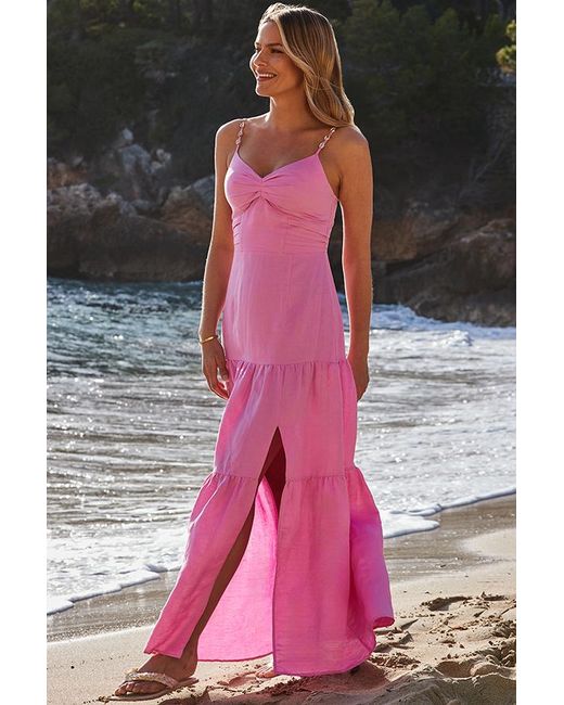 Sosandar Pink Linen Rich Tiered Hem Maxi Dress