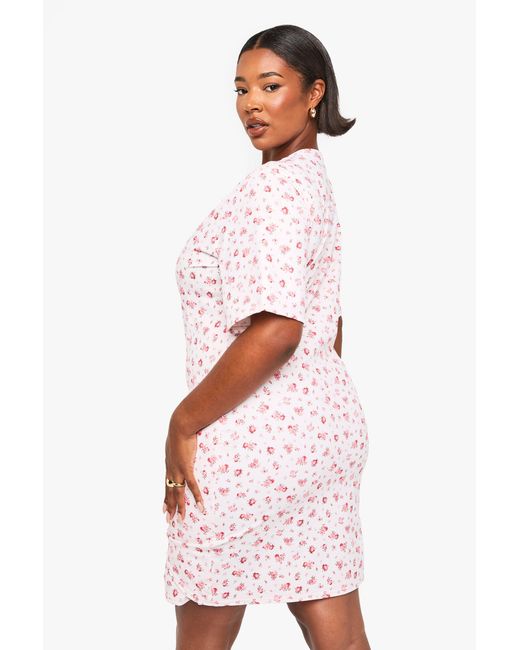 Boohoo Pink Plus Ditsy Drop Waist Wrap Dress