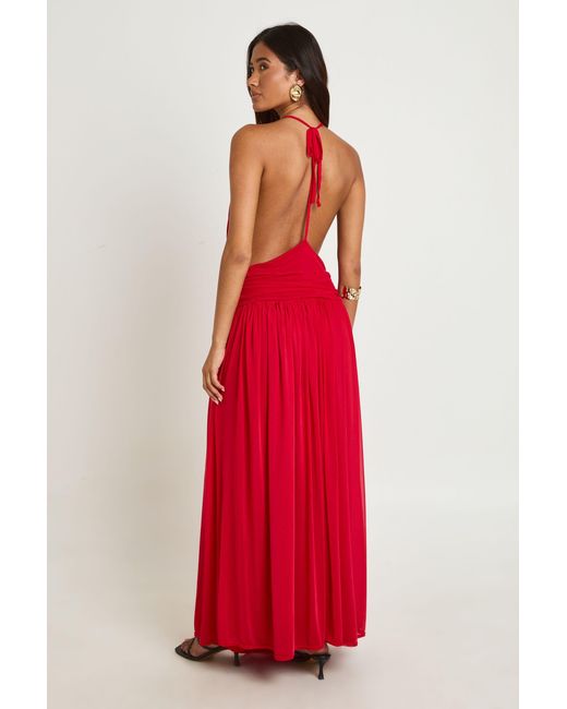 Boohoo Red High Neck Dropped Waist Backless Halter Maxi Dress