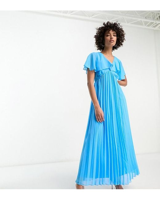 ASOS Blue Design Angel Cape Sleeve Pleated Hem Maxi Dress