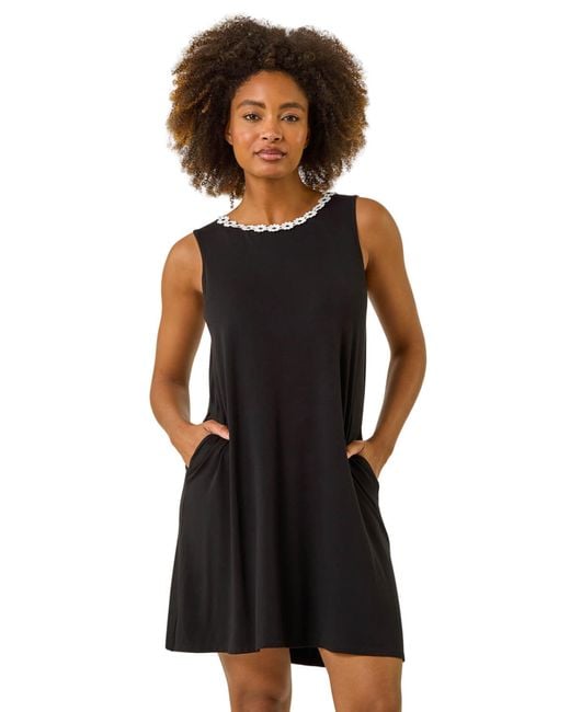 Roman Black Floral Trim A-Line Stretch Dress