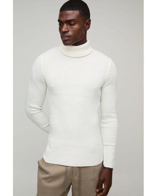 BoohooMAN White Muscle Fit Ribbed Roll Neck Knitted Jumper for men
