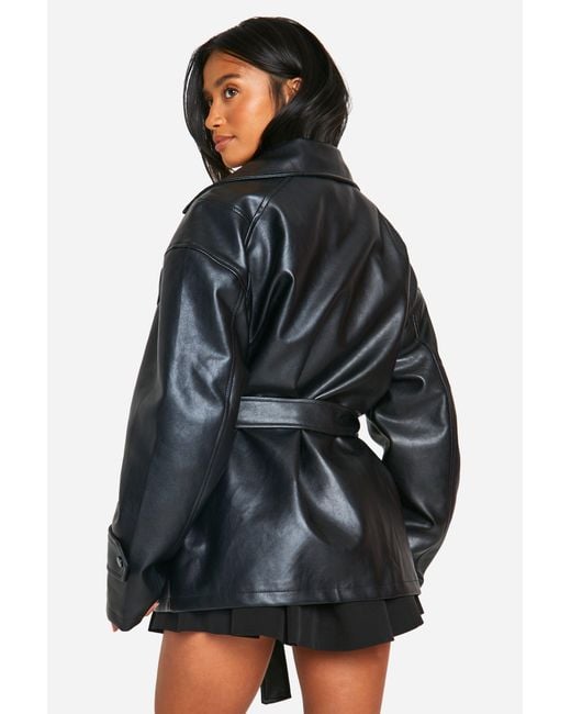 Boohoo Black Petite Belted Faux Leather Trench Coat