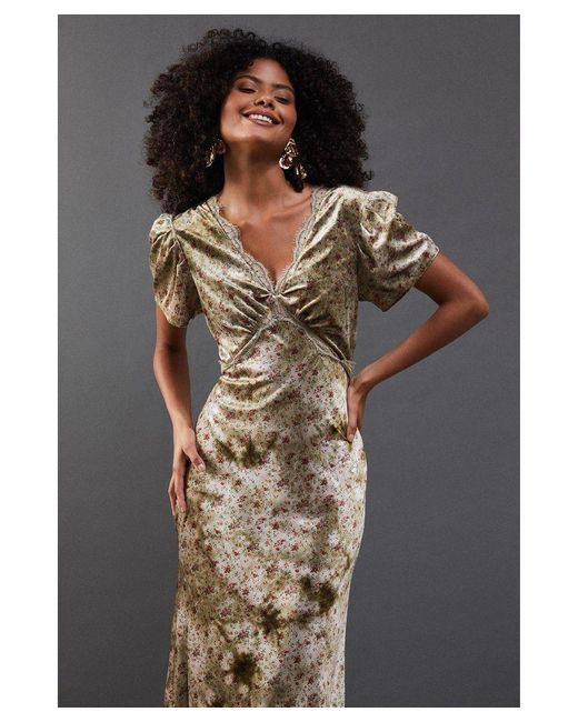 Warehouse Green Rose Velvet V Neck Midi Tea Dress