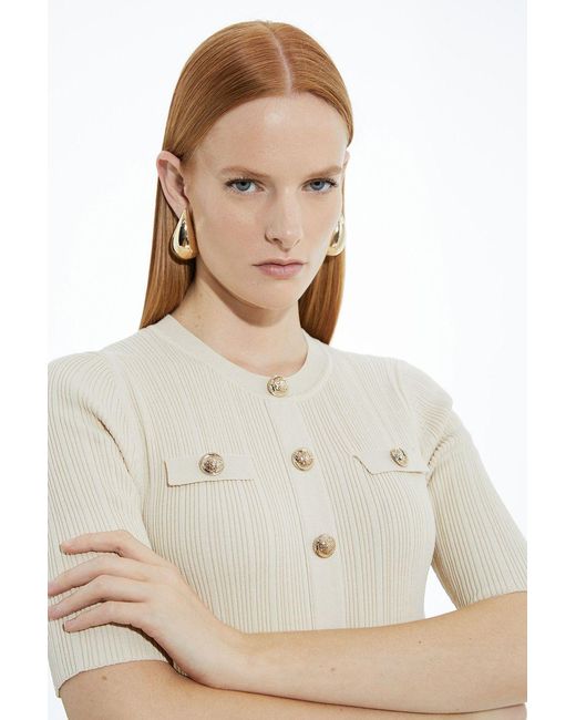 Karen Millen White Petite Rib Knit Military Trim Maxi Dress