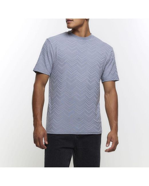 River Island Blue T-Shirt Slim Fit Chevron Texture Cotton for men