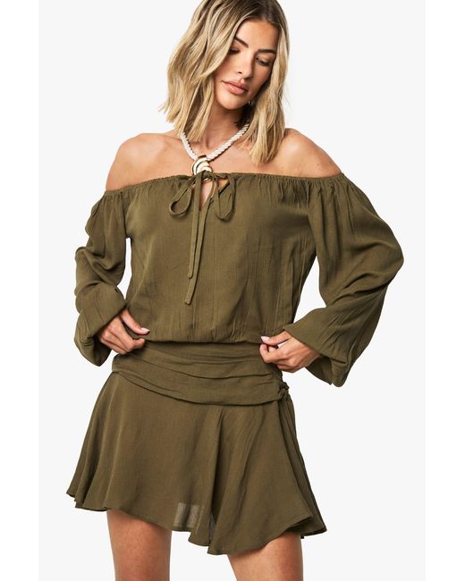 Boohoo Green Cheesecloth Bardot Beach Top