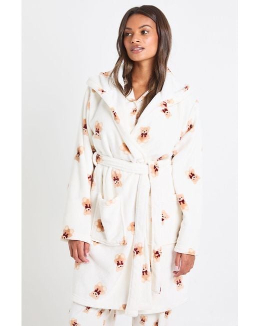 Boohoo Bear Print Fleece Hooded Short Dressing Gown in White Lyst UK