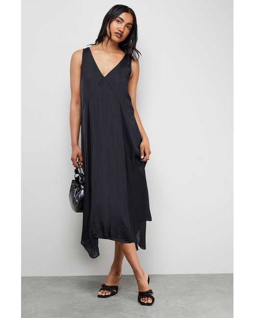 Warehouse Blue Satin Sleeveless Asymmetric Hem Chiffon Godet Midi Dress