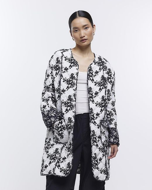 River Island White Floral Quilted Coat