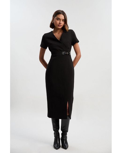 Karen Millen Black Compact Essential Tab Waist Midi Dress