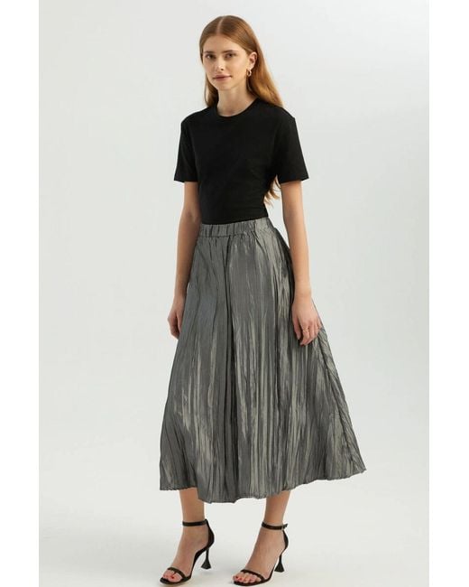 Hiccup Metallic High Waist Elastic Pleated Maxi Skirt