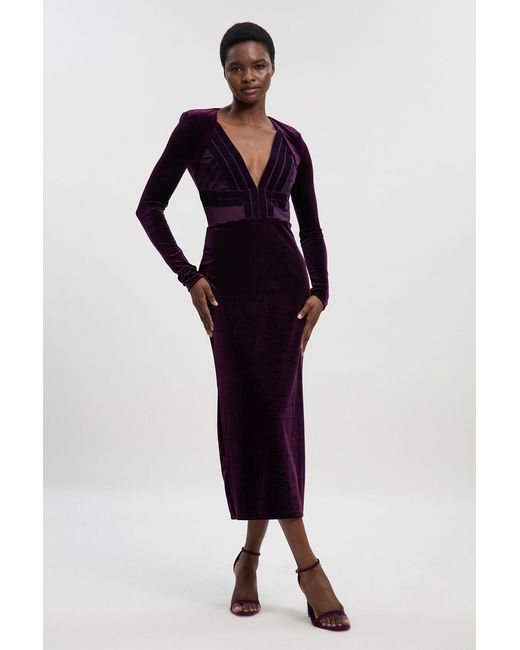 Karen Millen Blue Stretch Velvet Taping Detail Mesh Plunge Neck Cut Out Back Midi Dress