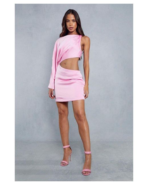 MissPap Pink Premium Satin Twist Shoulder Cut Out Mini Dress