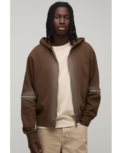 BoohooMAN Brown Boxy Spray Wash Zip Through Hoodie for men