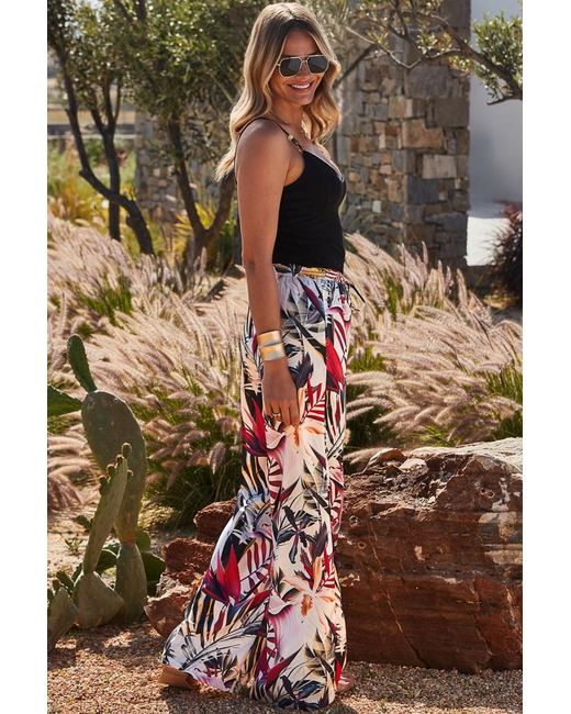 Sosandar White Ivory Tropical Print Premium Satin Wide Leg Trousers