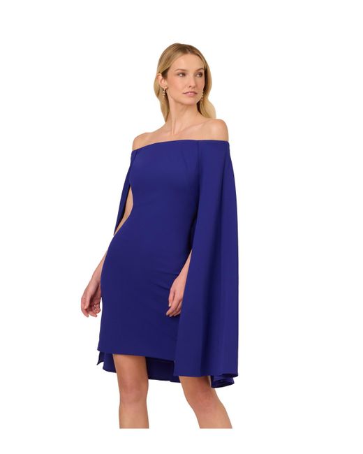 Adrianna Papell Blue Off Shoulder Cape Dress