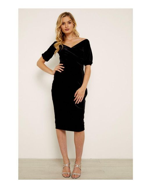 Sosandar Black Velvet Cross Over Bardot Dress