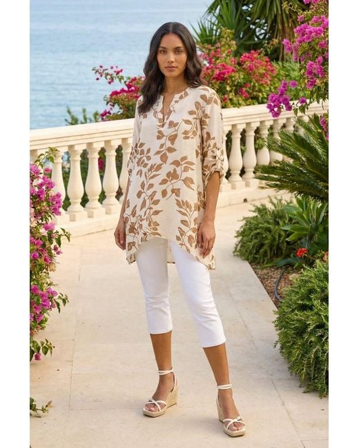 Roman Natural Leaf Print Wrap Hem Tunic Top