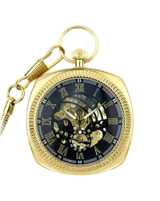 Infinity Leather Metallic Mechanical Golden Vintage Skeleton Square Open-Face Pocket Watch