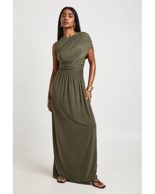 Boohoo Green Double Layer Slinky Sleeveless Ruched Body Maxi Dress
