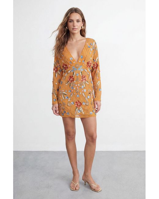 Warehouse Yellow Premium Hand Embellished Plunge Mini Dress With Kimono Sleeve