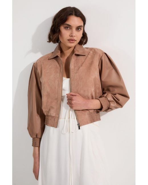 Karen Millen Natural Suede & Leather Mix Bomber Jacket