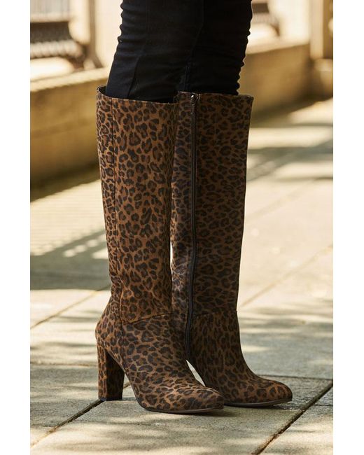 Sosandar Black Leopard Print Suede Zip Knee High Boot