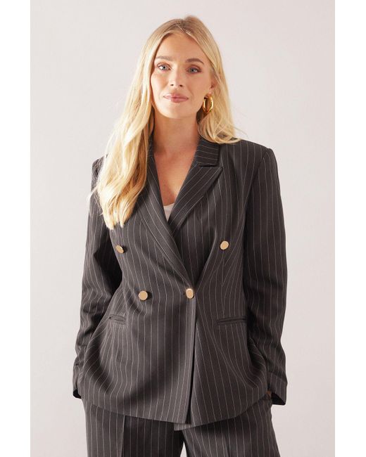 Wallis Black Petite Double Breasted Pinstripe Blazer