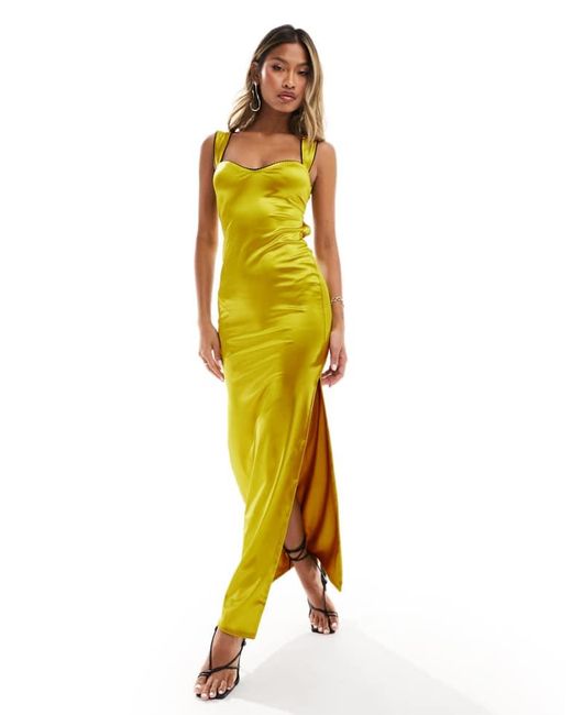 ASOS Metallic Strappy Sweet Heart Neckline Midi Dress With Contrast Trim