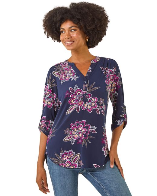 Roman Blue Floral Puff Print Stretch Shirt