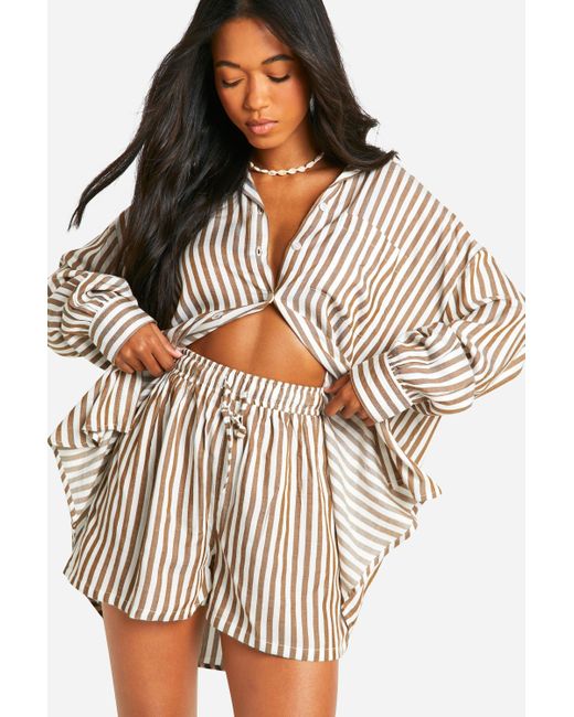 Boohoo Brown Stripe Oversized Shirt And Short Beach Co-Ord