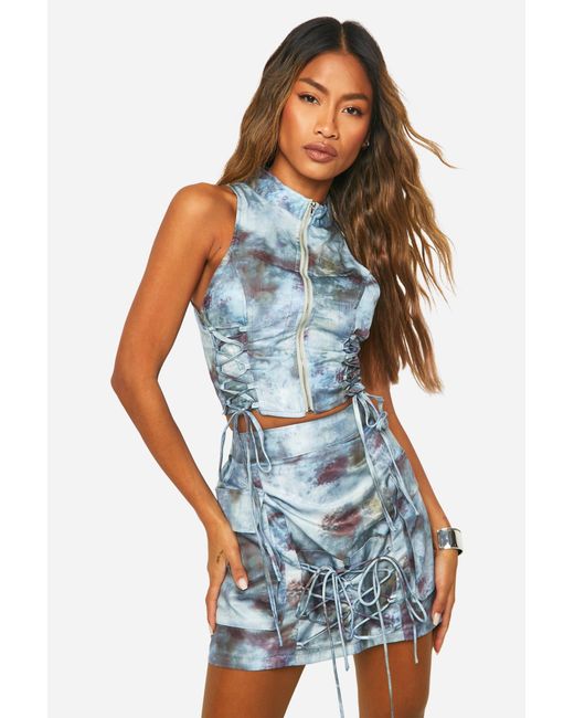 Boohoo Blue Tonal Tie Dye Lace Up Mini Skirt