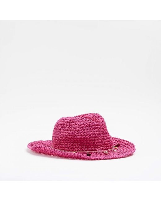 River Island Cowboy Hat Pink Straw Beaded