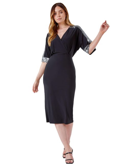 Roman Blue Sequin Sleeve Midi Dress