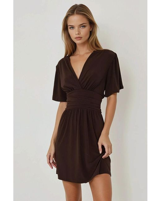 Hiccup Brown V-Neck Short Sleeve Mini Dress