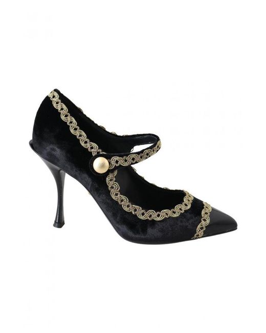 Dolce & Gabbana Black Velvet Gold Mary Janes Pumps
