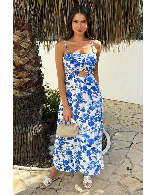 AX Paris Blue And Floral Print Strappy Cut Out Midi Dress